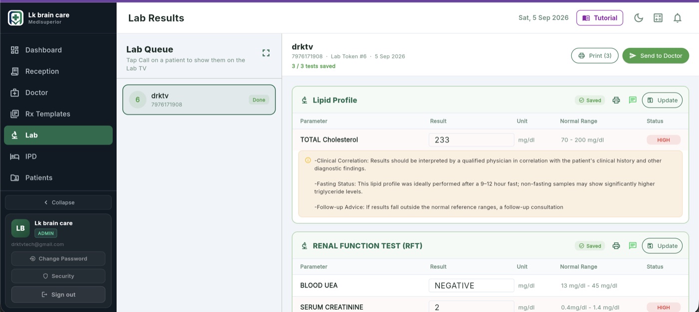 Medisuperior lab results screen with reference ranges and abnormal-value highlighting