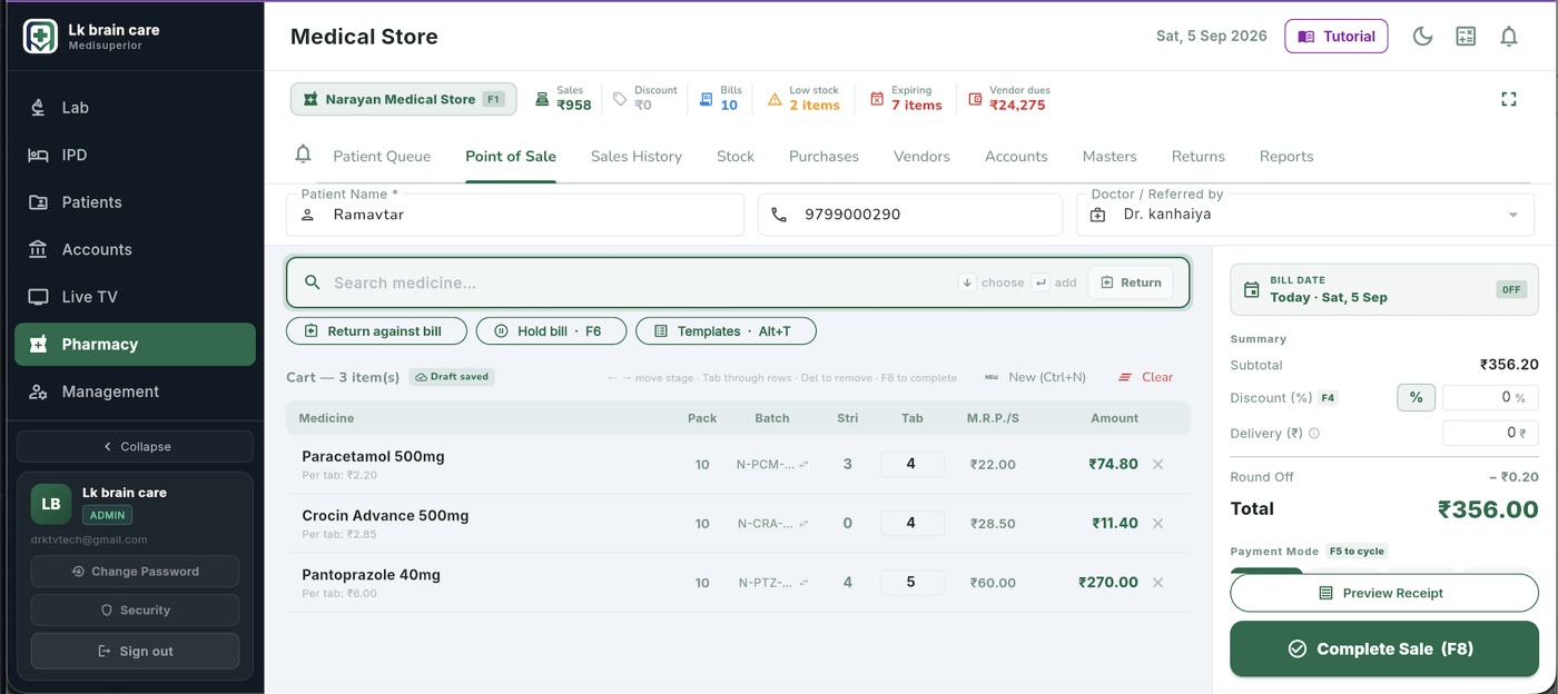 Medisuperior pharmacy point-of-sale screen with cart, batch numbers and bill total